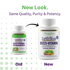 Paradise Herbs Earth's Blend bottle on table highlights non-GMO and gluten-free
