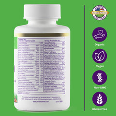 Earth's Blend label detail shows 48 organic superfoods and probiotics