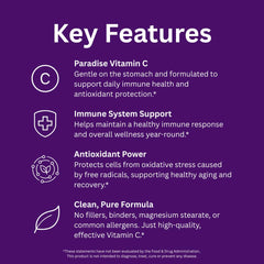 Paradise Herbs Earth's Blend Vitamin C label close-up emphasizes purity and ingredients.