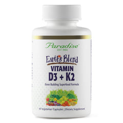 Paradise Herbs Earth's Blend D3 K2 bottle highlighting greens-based formula for bone support.