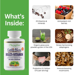 Paradise Herbs Earth's Blend Women's Multivitamin bottle side shows capsules and iron.