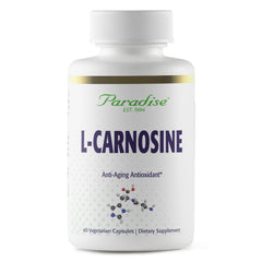 Paradise Herbs L-Carnosine bottle front with clear label and capsules for easy supplementation.