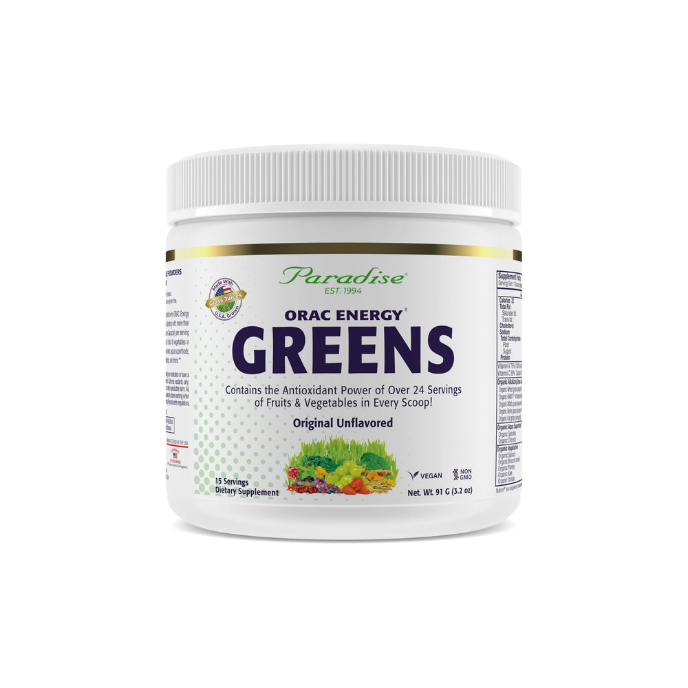 Paradise Herbs ORAC Energy Greens bottle offers antioxidant-rich daily vitality.