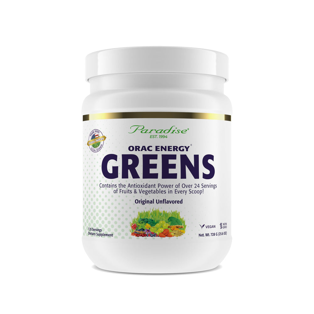 Paradise Herbs ORAC Energy Greens powder scoop boosts daily antioxidant intake