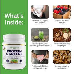 Paradise Herbs ORAC Energy Protein & Greens scoop beside shake for protein boost