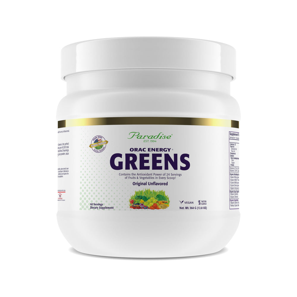 Paradise Herbs ORAC Energy Greens bottle pour shows convenient antioxidant support