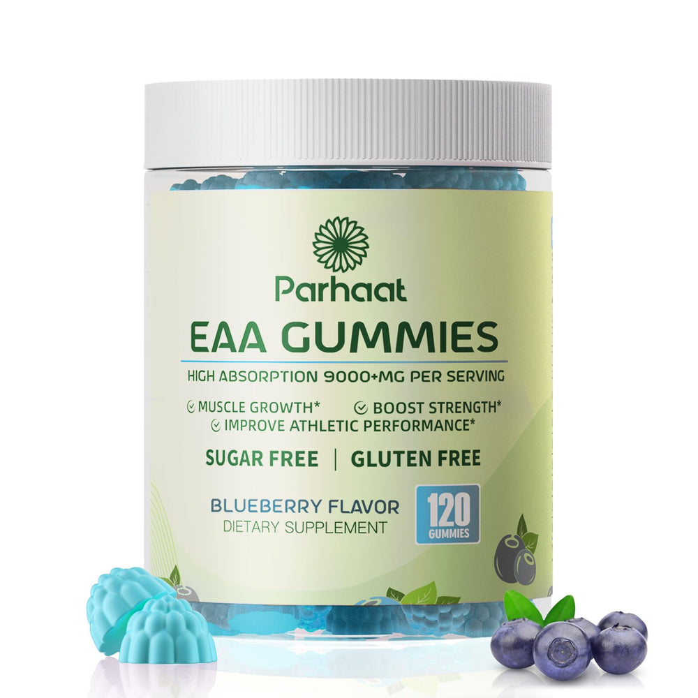 Parhaat EAA Gummies blueberry bottle showing sugar-free, gluten-free formula.