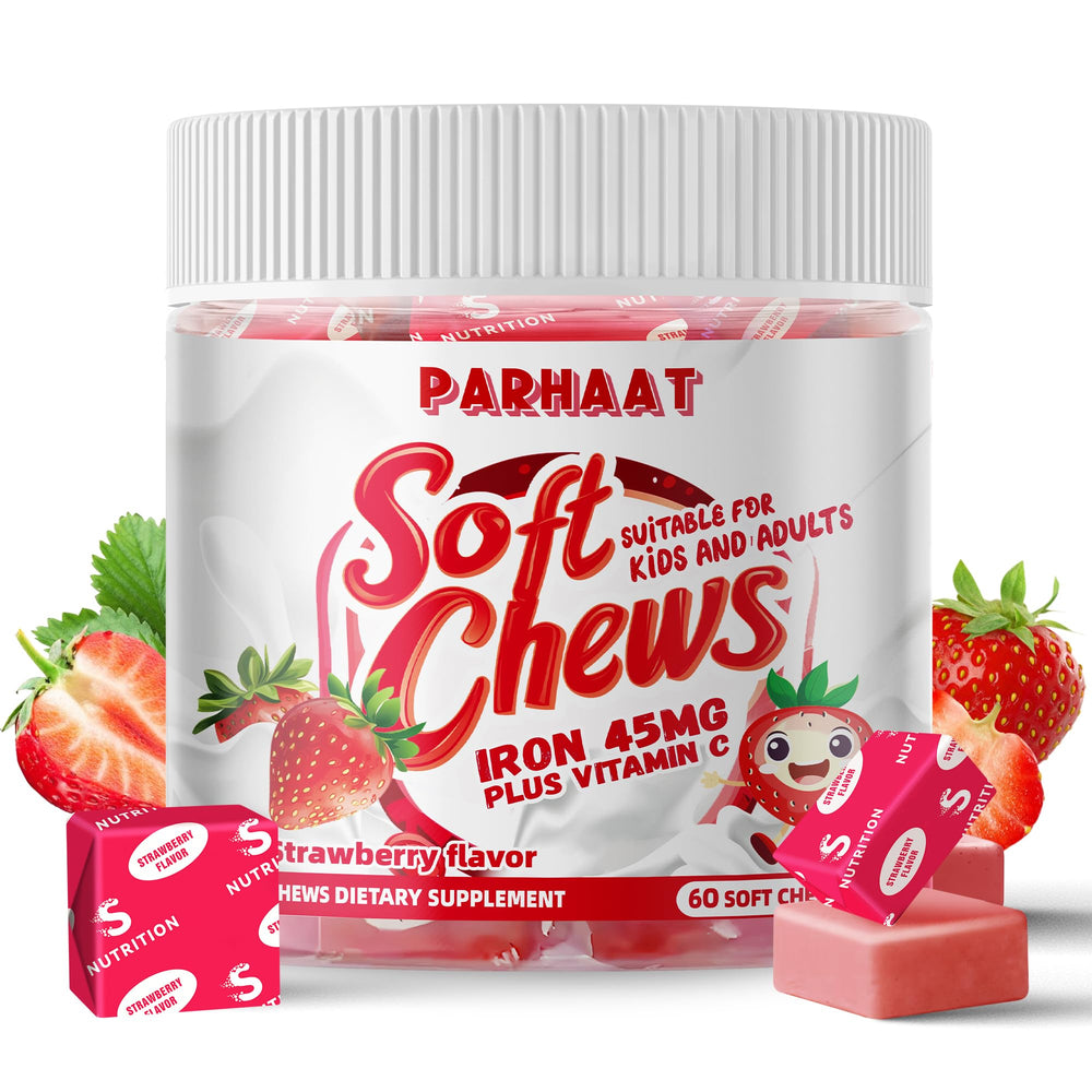 Parhaat Iron Soft Chew Strawberry bottle for convenient daily iron support
