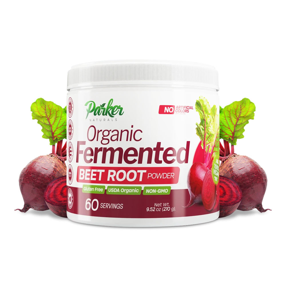 Parker Naturals Beet Powder bottle highlights easy daily energy support.
