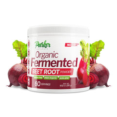 Parker Naturals Beet Powder bottle highlights easy daily energy support.