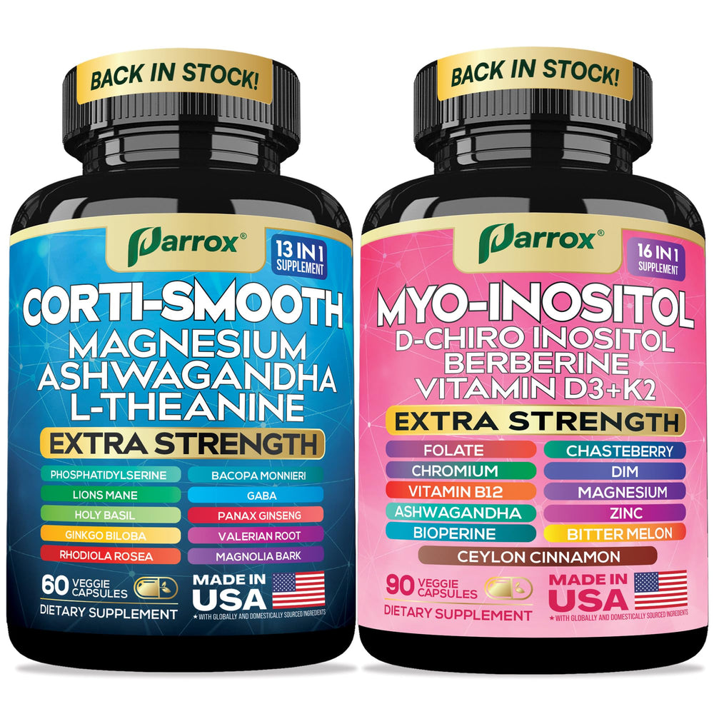 Parrox cortisol balance bottle front highlights 13-in-1 formula for daily calm support