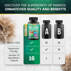 Parrox Sea Moss and Black Seed Oil blend communicates holistic plant-based support.