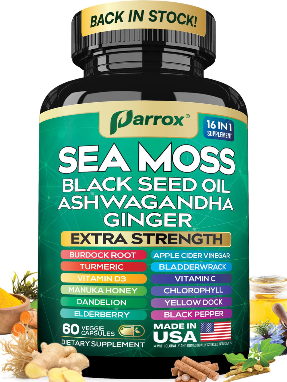 Parrox Sea Moss Capsules bottle highlights convenient daily wellness routine.