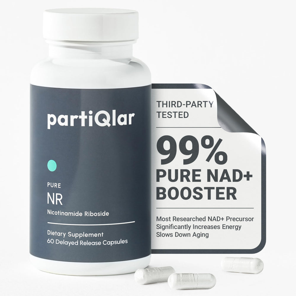 partiqlar nicotinamide riboside 500mg bottle on countertop supports daily energy and metabolism