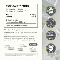 Close-up of PartiQlar NMN capsules showing uniform size for daily use.