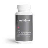 PartiQlar Pure L-Glutathione bottle showing 500mg formula for antioxidant support.