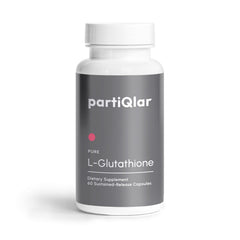 PartiQlar Pure L-Glutathione bottle showing 500mg formula for antioxidant support.