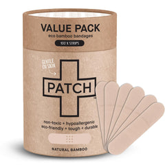 PATCH bamboo bandages pack front view, hypoallergenic adhesion for sensitive skin.