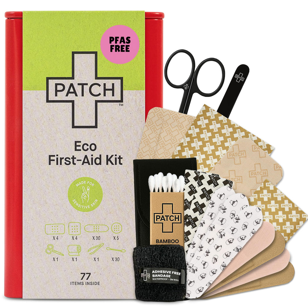 Patch Eco First Aid Kit tin closeup showing reusable storage and compact organization