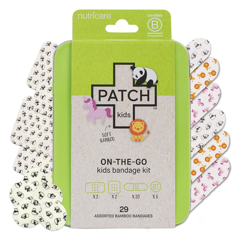 Patch Kids On-The-Go panda bandages in a reusable tin provide gentle protection for kids' minor cuts.