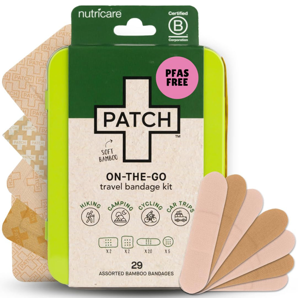 PATCH On-The-Go bamboo travel kit cover in a reusable tin for quick, gentle care.