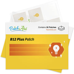 PatchAid B12 Energy Plus patch pack shown as a 30-day supply for routine wear