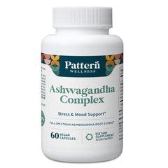Pattern Wellness Ashwagandha Complex bottle label with organic KSM-66 for daily wellness.