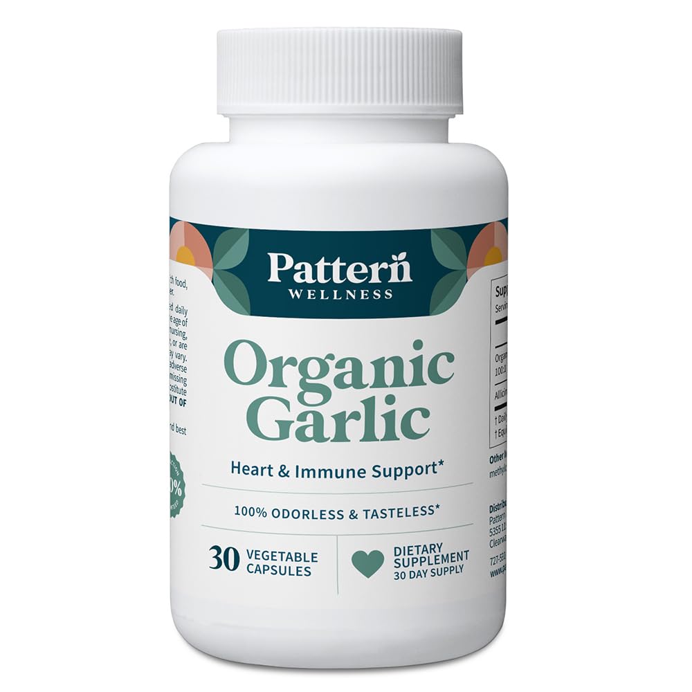 Pattern Wellness odorless garlic bottle with 30 capsules for easy daily circulatory support.
