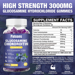 Patxans glucosamine chondroitin gummies label highlights key ingredients for joint care.