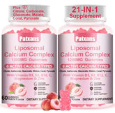 Patxans liposomal calcium bottle shows six calcium forms for bone-friendly support.