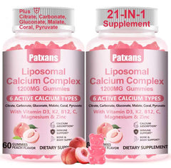 Patxans liposomal calcium bottle shows six calcium forms for bone-friendly support.