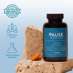 Pause Life turmeric bottle with label emphasizes natural ingredients and trusted formulation.