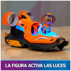 Jet boat illuminated with synchronized lights for immersive play.