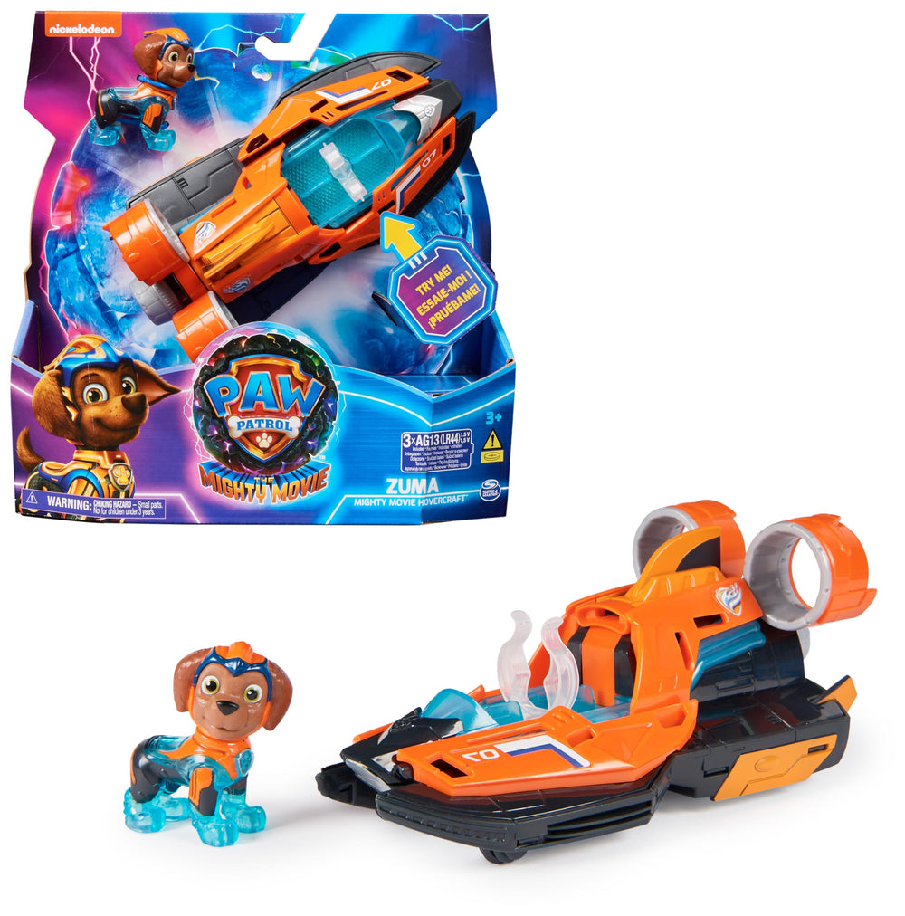 PAW Patrol Zuma Mighty Movie jet boat lights up during pretend rescues.