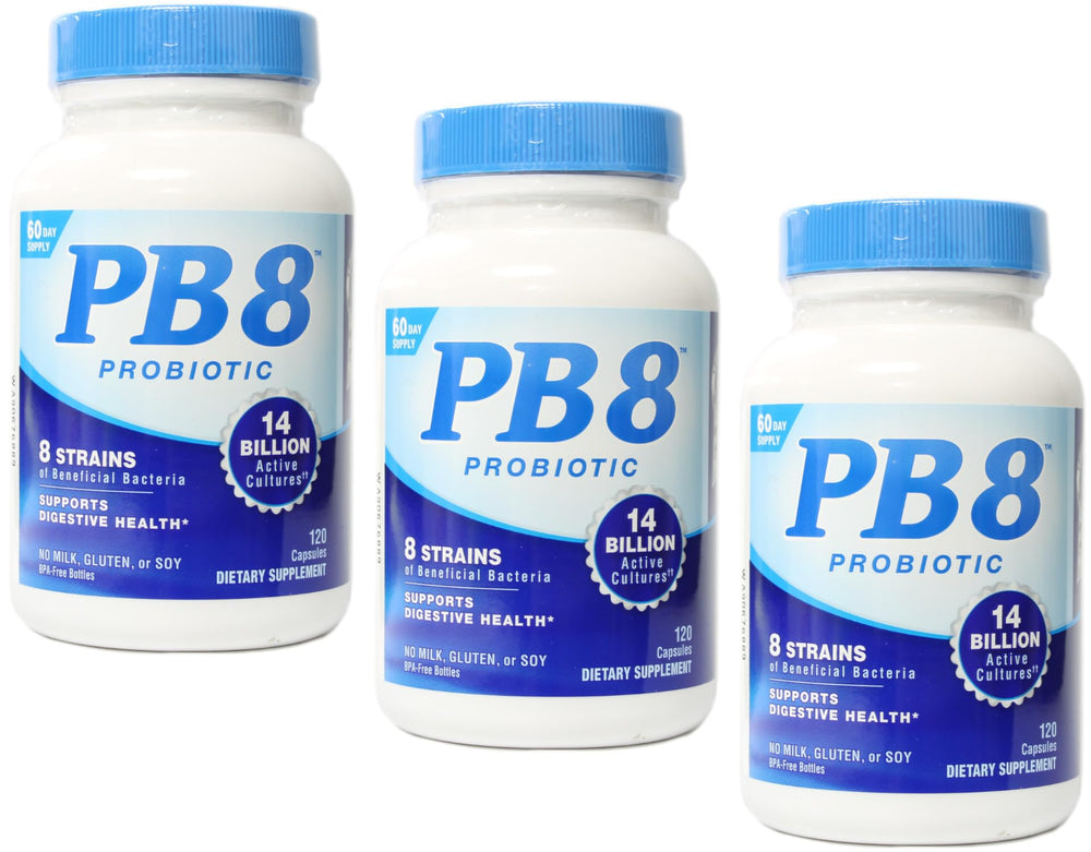 PB8 Probiotic 3-Pack bottle front label highlighting 14B CFU and 8 strains.