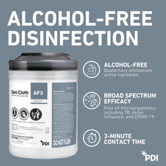 PDI Sani-Cloth AF3 disposable wipes ready for alcohol-free disinfection on nonporous surfaces.