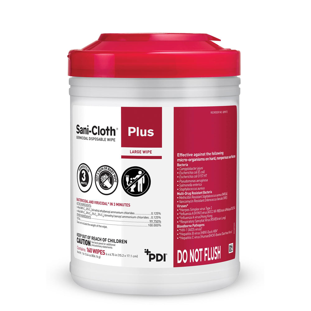 Toalla germicida PDI Sani-Cloth Plus para desinfección rápida de superficies.