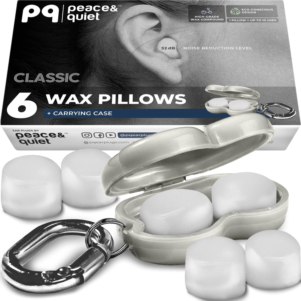 Peace&Quiet PQ Wax Ear Plugs for Sleep with soft silicone cushions for comfortable nights.