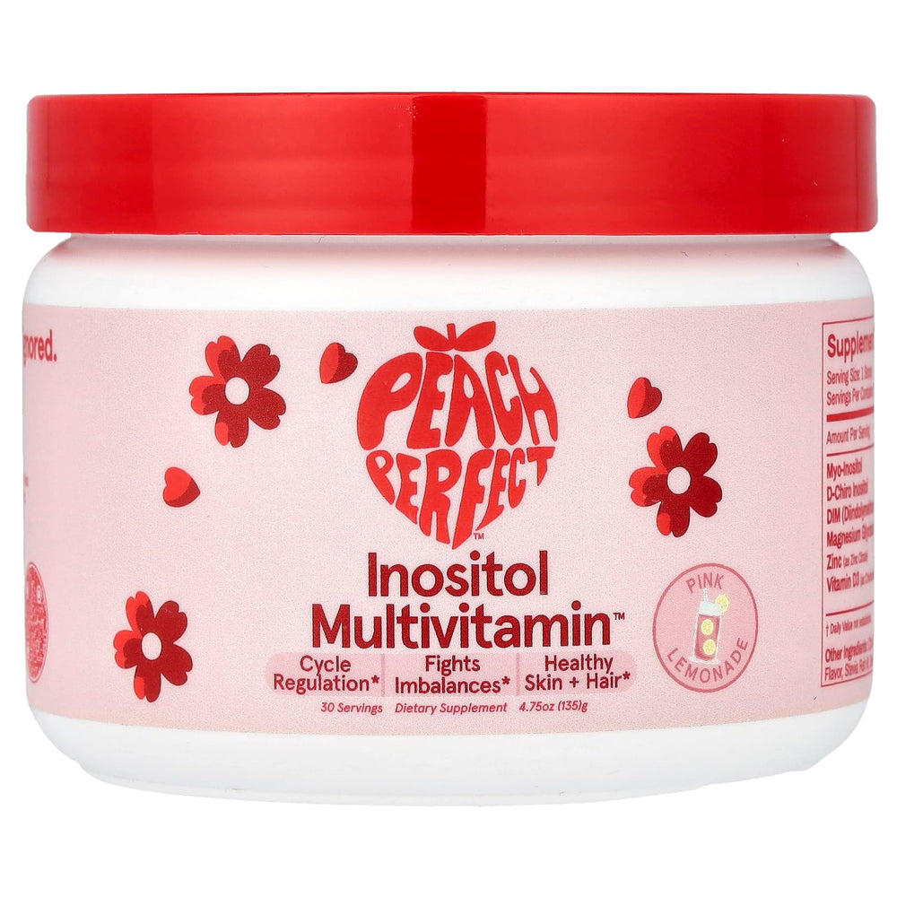 Peach Perfect Inositol powder pink lemonade bottle for daily wellness support.