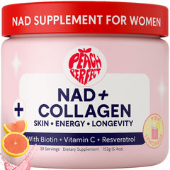 Peach Perfect liposomal NAD+ collagen bottle, convenient daily energy and beauty support.