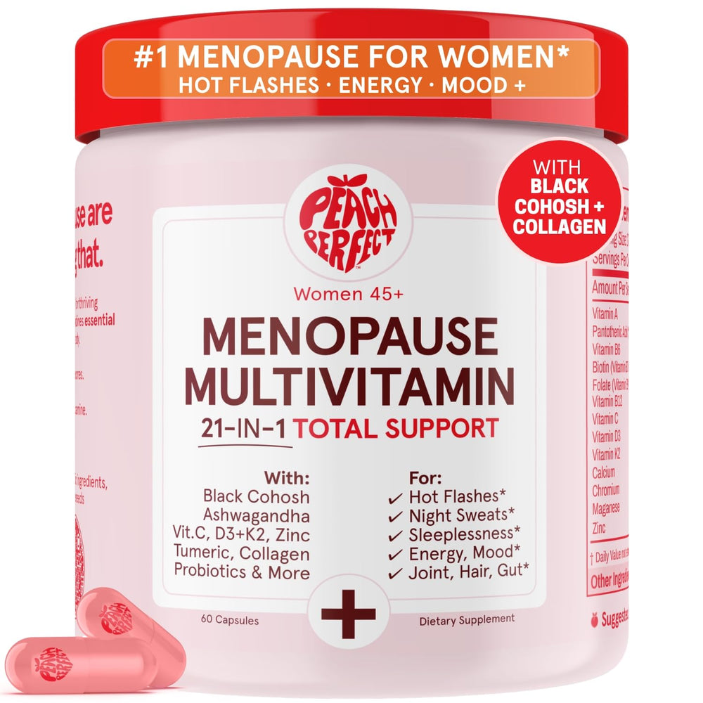 Peach Perfect Menopause Multivitamin bottle close-up for daily vitality support