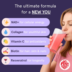 Peach Perfect NAD collagen pink lemonade glass, refreshing drink for healthy aging and vitality.