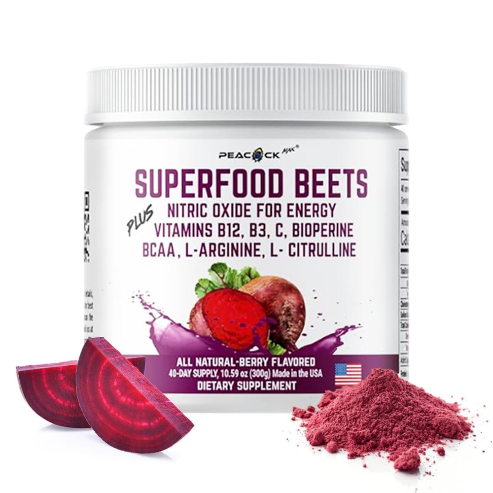 Peacock Max beetroot powder container with resealable pouch for daily use