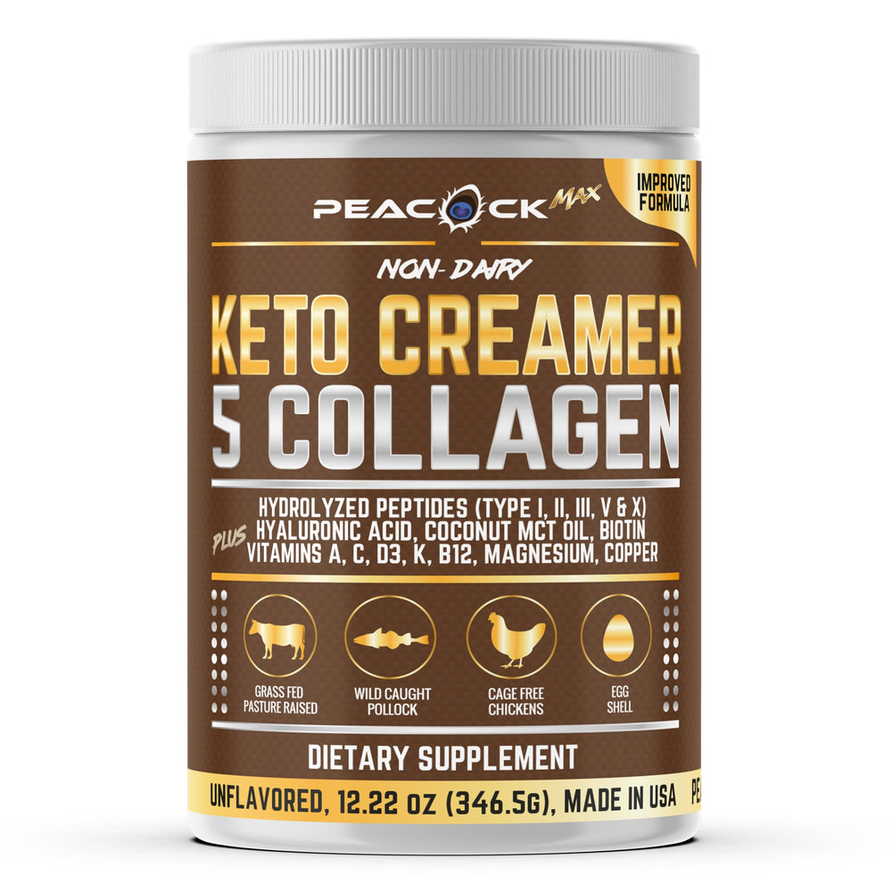 Peacock Max collagen keto coffee creamer tub showing product; convenient protein boost for coffee.