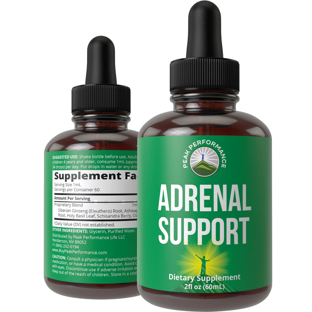 Peak Performance Adrenal Drops bottle front showing compact packaging for easy daily use.