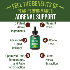Peak Performance Adrenal Drops label close-up highlights vegan, allergen-free formula.