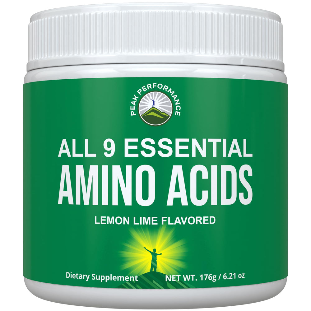 Peak Performance All 9 EAA powder Lemon Lime bottle pouring for pre- or post-workout energy