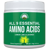 Peak Performance All 9 EAA powder Lemon Lime bottle pouring for pre- or post-workout energy
