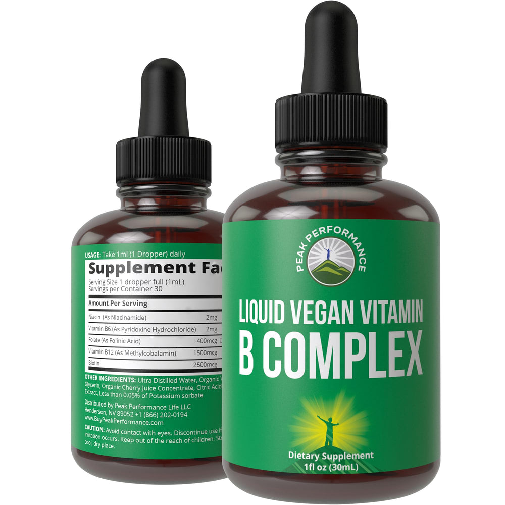 Peak Performance B Complex Liquid bottle with pour cap for easy daily dosing.