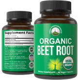 Peak Performance beet root capsules bottle shows organic ingredients for daily energy support